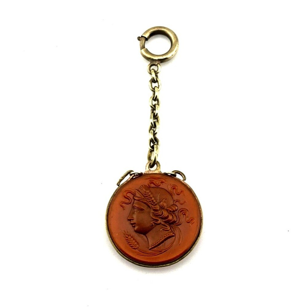 Vintage Ceres Demeter Pressed Glass Cameo Watch Fob Gold Plated 2 7/8"
